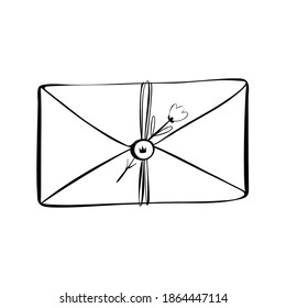 Doodle postal envelope with a flower hand-drawn, black line. Vector illustration. Isolated on white background, for design
