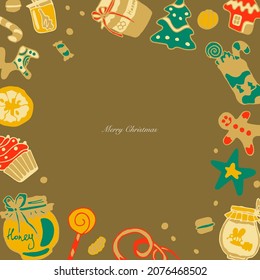 Doodle postcard design of the Merry Christmas. Congratulations on the Christmas celebration, winter holidays. Square postcard, homemade pastries. Gingerbreads, honey. Brown background, round frame