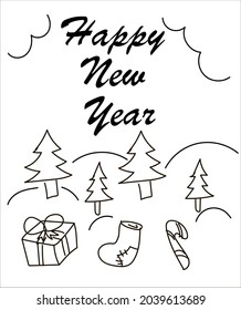 Postal de Doodle Feliz Año Nuevo. Tarjeta con escritura, árboles de Navidad, regalos, paseos por las nevadas
