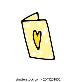 Doodle postcard with hearts. Hand-drawn dot yellow color card isolated on white background. Sign of congratulation, wedding invitation, mail, Valentines Day, love Valentine. Vector cute illustration
