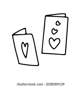 Doodle postcards with hearts set. Hand-drawn outline cards isolated on white background. Sign of congratulation, wedding invitation, mail, Valentines Day, love Valentine. Vector cute illustration
