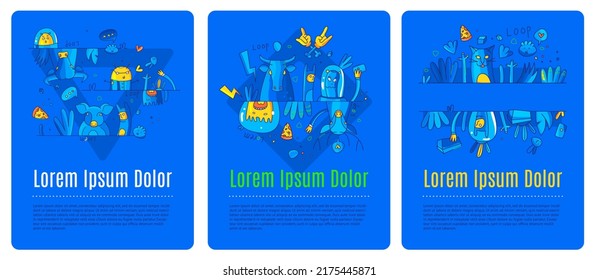 Doodle poster with animals, characters, aliens and pizza
