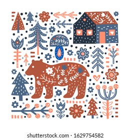 Doodle poster with bear, forest trees, flowers, mushroom, house, dots and Nordic ornaments in Scandinavian folk art style isolated on white background. Perfect for posters, cards, textile prints.