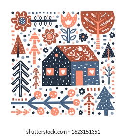 Doodle poster with house, forest trees, flowers, berries, dots and Nordic ornaments in Scandinavian folk art style isolated on white background. Perfect for posters, cards, banners, textile prints.