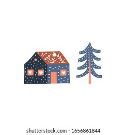Doodle poster with house and pine tree in Scandinavian folk art style isolated on white background. Perfect for posters, cards, prints.