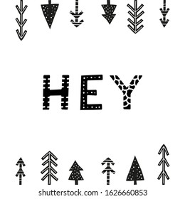 Doodle poster with lettering and fir, pine forest trees in Scandinavian folk art style isolated on white background. Perfect for posters, cards, banners, textile prints.