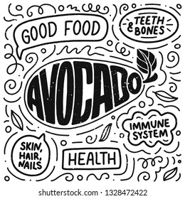 Doodle poster with Lettering. Natural food. Logo design. Sign banner for cooking, vector illustration. Diet menu. Organic raw vegan avocado