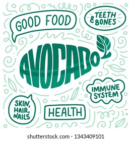 Doodle poster with Lettering. Natural food. Logo design. Sign banner for cooking, vector illustration. Diet menu. Organic raw vegan avocado