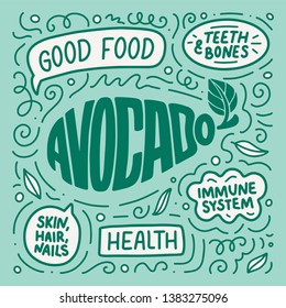 Doodle poster with Lettering. Natural food. Logo design. Sign banner for cooking, vector illustration. Diet menu. Organic raw vegan avocado