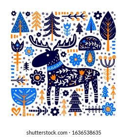 Doodle poster with moose, forest trees, flowers, mushroom, dots and Nordic ornaments in Scandinavian folk art style isolated on white background. Perfect for posters, cards, banners, textile prints.