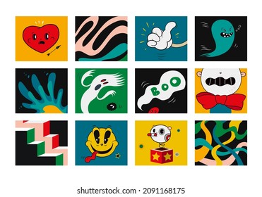 Doodle posters with abstract patterns, geometric shapes and modern creative art. Vector set of trendy cartoon illustrations with cute ghosts, funny people, heart, thumb up and surprise box