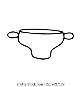 Doodle Pott einfaches Bild. Outline-Saucepan einzeln auf weißem Hintergrund. Gemütliche Küchenutensilien, süße Küchenutensilien, Suppengerichte, Kochen, Backofen. Vektorlinienzuhause, kulinarische Illustration im Restaurant
