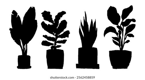 Doodle potted flowers set. Hand drawn plant silhouette. Crayon home cactus or succulent shadow. Vector color sketch illustration. Cute design for shirt, apparel, cards