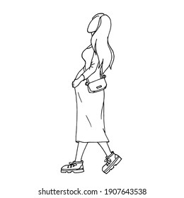 Doodle pregnant girl on a walk on a white background.Vector illustration can be used for women's magazines, advertising designs,textiles.
