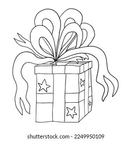 Doodle present box with stars on a wrapping paper, ribbons and bows for coloring book. Hand drawn sketch of a holiday gift. Happy birthday present isolated on white background. 