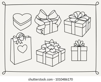 Doodle presents set with bows, heart shaped box and a gift bag.   Vector illustration