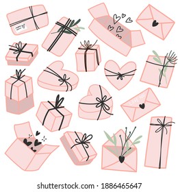 Doodle presents. Set of hand drawn gift boxes. Happy birthday and valentines day illustration. Isolated elements for your design