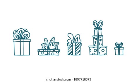 Doodle with presents and toys. Hand drawn sketch with gift boxes. Isolated vector illustration