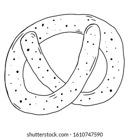 Doodle pretzel, contour hand drawing. Black and white illustration isolated on white background. outline.Suitable for bakeries, for packaging paper. Cute baking pattern. Vector illustration