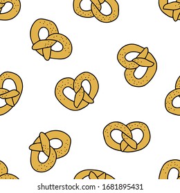 Doodle pretzel seamless pattern isolated on white background. For wrapping paper, packaging, confectionery banner, menu, templates, bakery products, backdrops, scrapbooking, textile and fabric design.