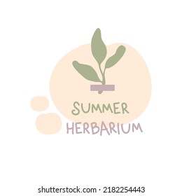 Doodle print with small plant and text SUMMER HERBARIUM. Simple design for tee, fabric, stationery. Hand drawn isolated vector illustration for decor and design.
