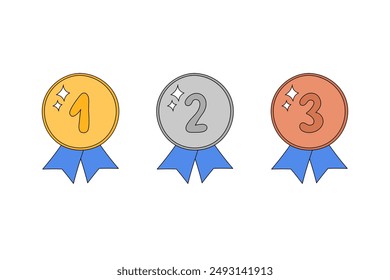 Doodle prizes set of golden, silver and bronze. Medals with ribbon vector illustration. Winner awards first, second and third places. Outline hand drawn medals isolated elements with numbers 1, 2, 3