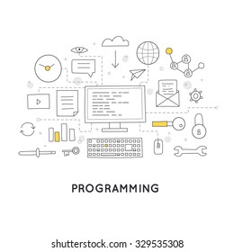 Doodle Process coding and html programming. Flat design vector illustration.