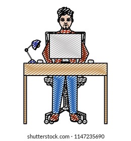 doodle professional businessman desk with computer and lamp