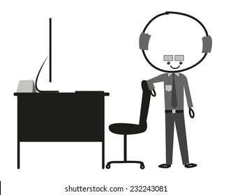 Doodle professor working at a computer desk