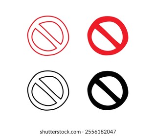 Doodle prohibition signs Set hand drawn style. Flat drawing isolated prohibition sign icons, red and black signs collection. Crossed out circles. Vector illustration