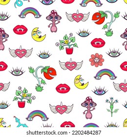 Doodle psychedelic abstract seamless pattern with colorful bright funny cute comic characters, multicolor rainbow, eyes, lips with fangs and monsters, fantastic exotic print. Vector illustration