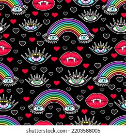 Doodle psychedelic abstract seamless pattern with colorful bright funny cute comic characters, multicolor rainbow, eyes, lips with fangs and monsters, fantastic exotic print. Vector illustration