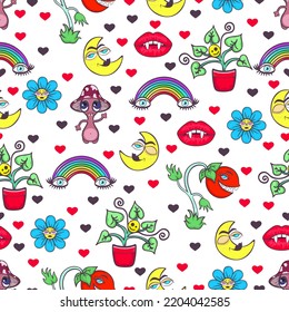 Doodle psychedelic abstract seamless pattern with colorful bright funny cute comic characters, multicolor rainbow, eyes, lips with fangs and monsters, fantastic exotic print. Vector illustration