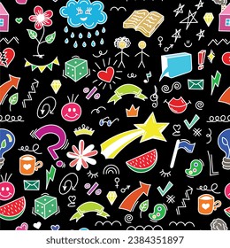 Doodle psychedelic abstract seamless pattern with colorful bright funny cute comic characters, multicolor icons, fantastic exotic print