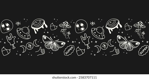 Doodle psychedelic elements seamless pattern border on a dark background for print, wallpapers, textiles, packaging, stationery,posters,digital backgrounds,apparel, and merchandise.Vector illustration