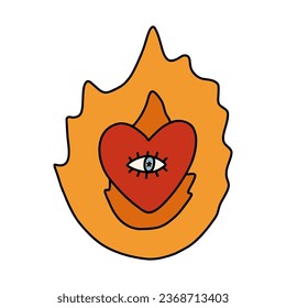 Doodle of psychedelic one-eyed heart in the flame with hand drawn with outline. Aesthetic hippy sticker in retro style of 70s. Burning heart with one eye for media, passion concepts, tattoo design.