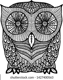 A doodle of a psychedelic owl. Hand drawn vector illustration. 