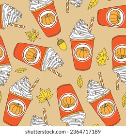 Doodle pumpkin coffee cup autumn seamless pattern orange background