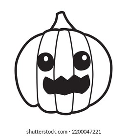 Doodle pumpkin, line art, black contour drawing. Halloween pumpkin with scary open mouth, spooky face. Magic symbol, icon, design element. Vector illustration isolated on white background