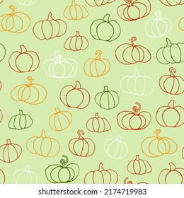 Doodle Pumpkin seamless pattern. Different gourd on green background. Outline hand-drawn vegetable. Vector line illustration for package, wallpaper, autumn holidays, markets, Halloween, Thanksgiving