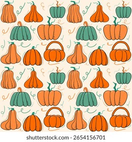 Doodle pumpkin Seamless pattern. Fall, Hello Autumn decoration element. Isolated vector pattern.