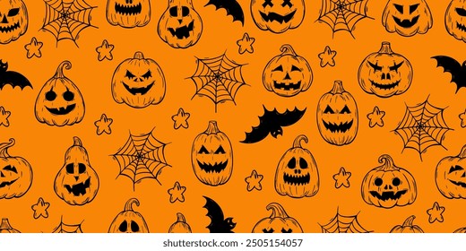 Doodle calabaza sin patrón. Dibuja calabazas con caras aterradoras, Web de araña y siluetas de murciélago. Diseño de impresión de Halloween, Plantilla de Vector neoterico