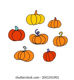 Doodle Pumpkin Set. Collection of different pumpkins isolated on white background. Orange hand-drawn vegetables. Vector line illustration for package, autumn holidays, markets, Halloween, Thanksgiving