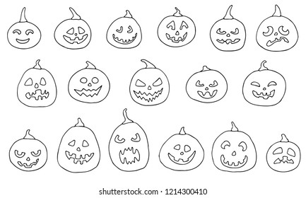 doodle pumpkin set, hand drawn pumpkins set with different emotions