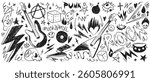 Doodle punk rock pattern on white background. Vector realistic illustration of hand drawn guitar, heart on fire, skull, lightning bolt, burning match signs, curvy lines for grungy banner design