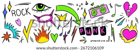 Doodle punk rock scribble set with heart, eye and crown. Sketch scribble doodle y2k punk element. Crayon vector hand drawn.
