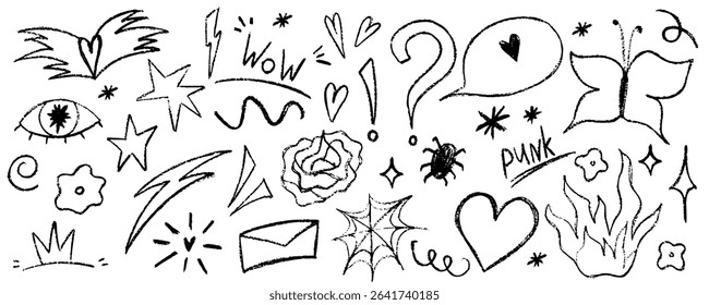 Doodle punk scribble set with heart, flower and butterfly. Sketch scribble doodle y2k punk element. Crayon vector hand drawn.