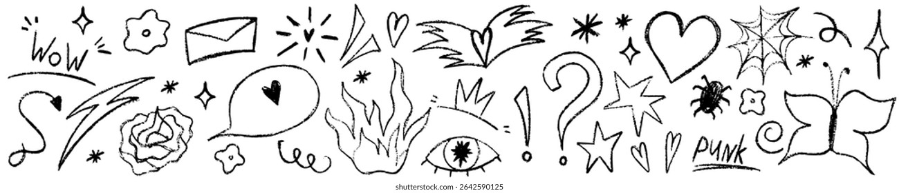 Doodle punk scribble set with heart, flower and butterfly. Sketch scribble doodle y2k punk element. Crayon vector hand drawn.