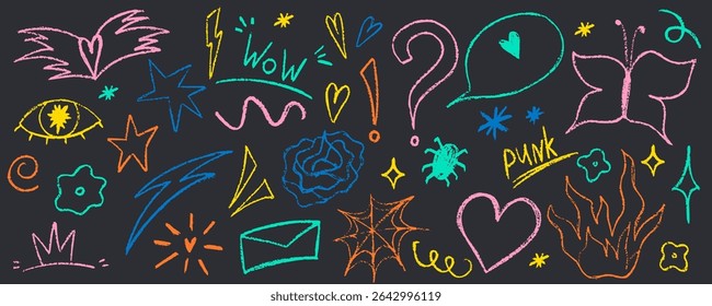Doodle punk scribble set with heart, flower and butterfly. Sketch scribble doodle y2k punk element. Crayon vector hand drawn.