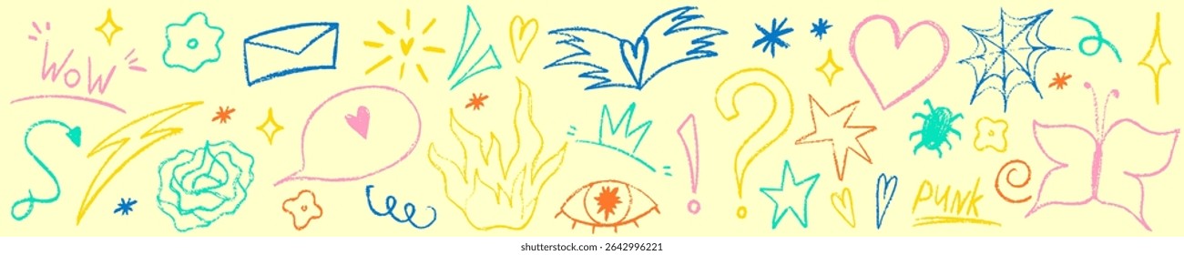 Doodle punk scribble set with heart, flower and butterfly. Sketch scribble doodle y2k punk element. Crayon vector hand drawn.